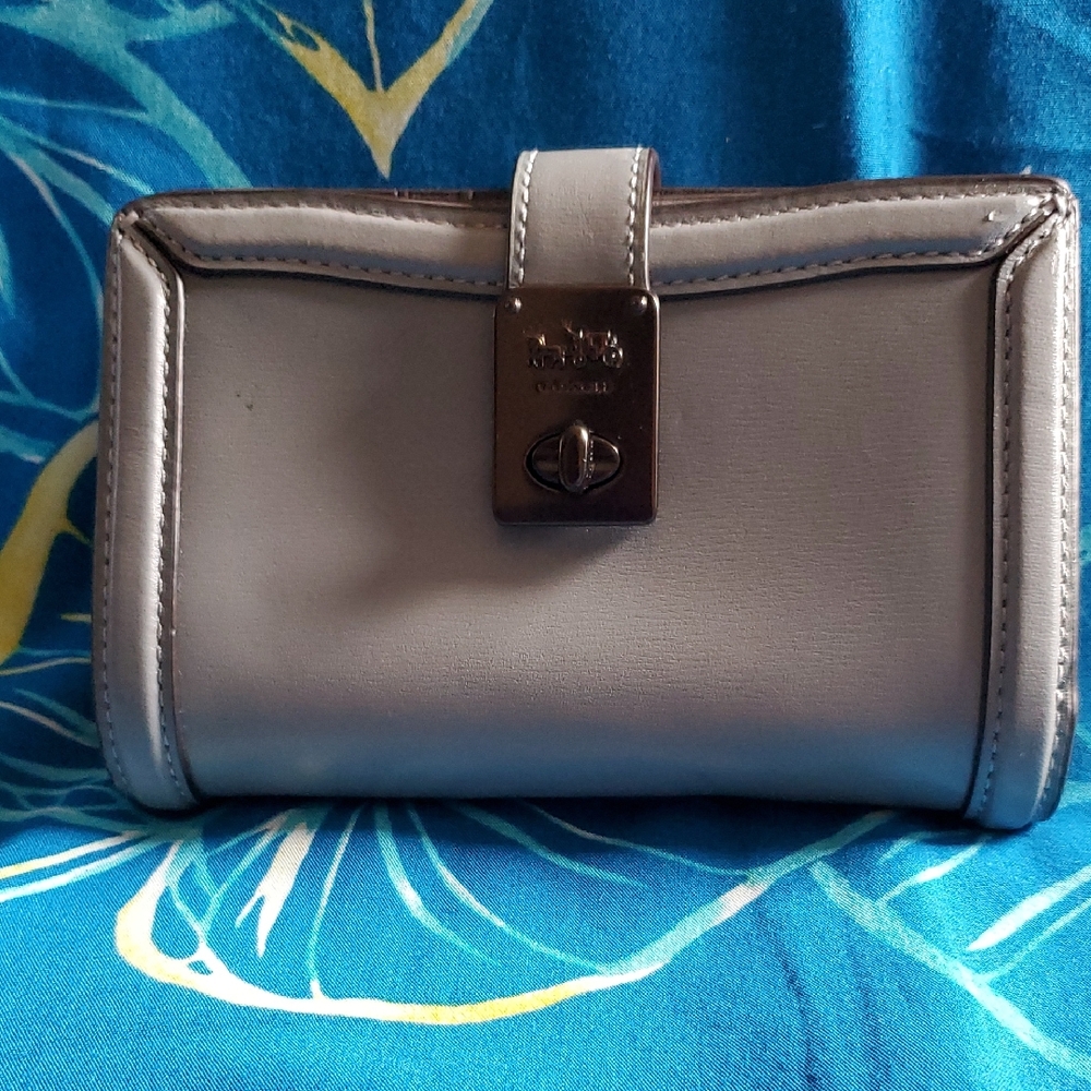 Coach Gray Compact Wallet with Metallic Finish
